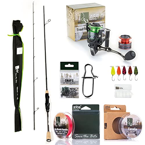 Zite Fishing Trout Spoon Forellen-Rute 190cm - Ultra Light Angelrolle 1000 3+1BB - 3fach geflochtene Angelschnur - Angelwirbel 30 Stück Karabiner Größe #000 - Forellen-Blinker Set neon 5-teilig Zite Fishing Trout Spoon Forellen-Rute 190cm - Ultra Light Angelrolle 1000 3+1BB - 3fach geflochtene Angelschnur - Angelwirbel 30 Stück Karabiner Größe #000 - Forellen-Blinker Set neon 5-teilig von Zite