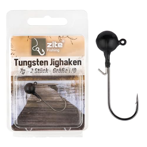 Zite Fishing Tungsten Jighaken Set | Bleifrei Jigköpfe mit Angelhaken 1/0-5/0 Matt-Schwarz | Ultrascharfe Jigheads Haken Barsch & Zander Angeln | Gummiköder Haken mit Angelgewicht (1/0 7,2g) von Zite