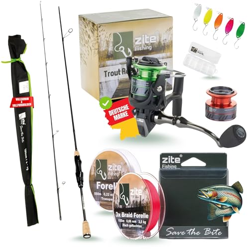 Zite Fishing UL Forellen-Rute 190cm 2-5g | Trout-Spoon Angel-Rute | Spinnrute Ultra Light mit Korkgriff für Forellen & Barsch Angeln (Rute mit Rolle, 2X Schnur und Spoons) Zite Fishing UL Forellen-Rute 190cm 2-5g | Trout-Spoon Angel-Rute | Spinnrute Ultra Light mit Korkgriff für Forellen & Barsch Angeln (Rute mit Rolle, 2X Schnur und Spoons) von Zite