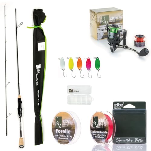 Zite Fishing UL Rute Forellen-Angeln 3-6g | 210cm Trout Spoon Forellen-Rute Spinnrute Carbon | Ultralight Rute mit hochwertigem Korkgriff (Rute mit Rolle, 2X Schnur und Spoons) Zite Fishing UL Rute Forellen-Angeln 3-6g | 210cm Trout Spoon Forellen-Rute Spinnrute Carbon | Ultralight Rute mit hochwertigem Korkgriff (Rute mit Rolle, 2X Schnur und Spoons) von Zite
