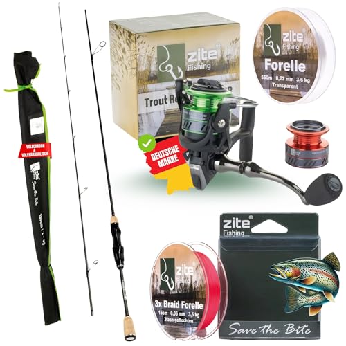 Zite Fishing UL Forellen-Rute 190cm 2-5g | Trout-Spoon Angel-Rute | Spinnrute Ultra Light mit Korkgriff für Forellen & Barsch Angeln (Rute mit Rolle und 2X Schnur) Zite Fishing UL Forellen-Rute 190cm 2-5g | Trout-Spoon Angel-Rute | Spinnrute Ultra Light mit Korkgriff für Forellen & Barsch Angeln (Rute mit Rolle und 2X Schnur) von Zite