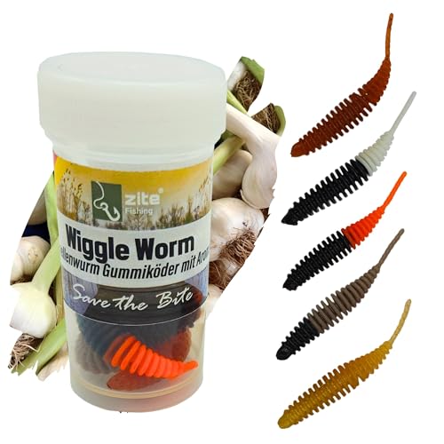 Zite Fishing Wiggle Worm Nature Mix 10 Stück – Lamellen-Gummiwurm für Ultra Light Forellen Angeln - 5,5cm Gummiköder & Phthalatfrei – Natur Knoblauch von Zite