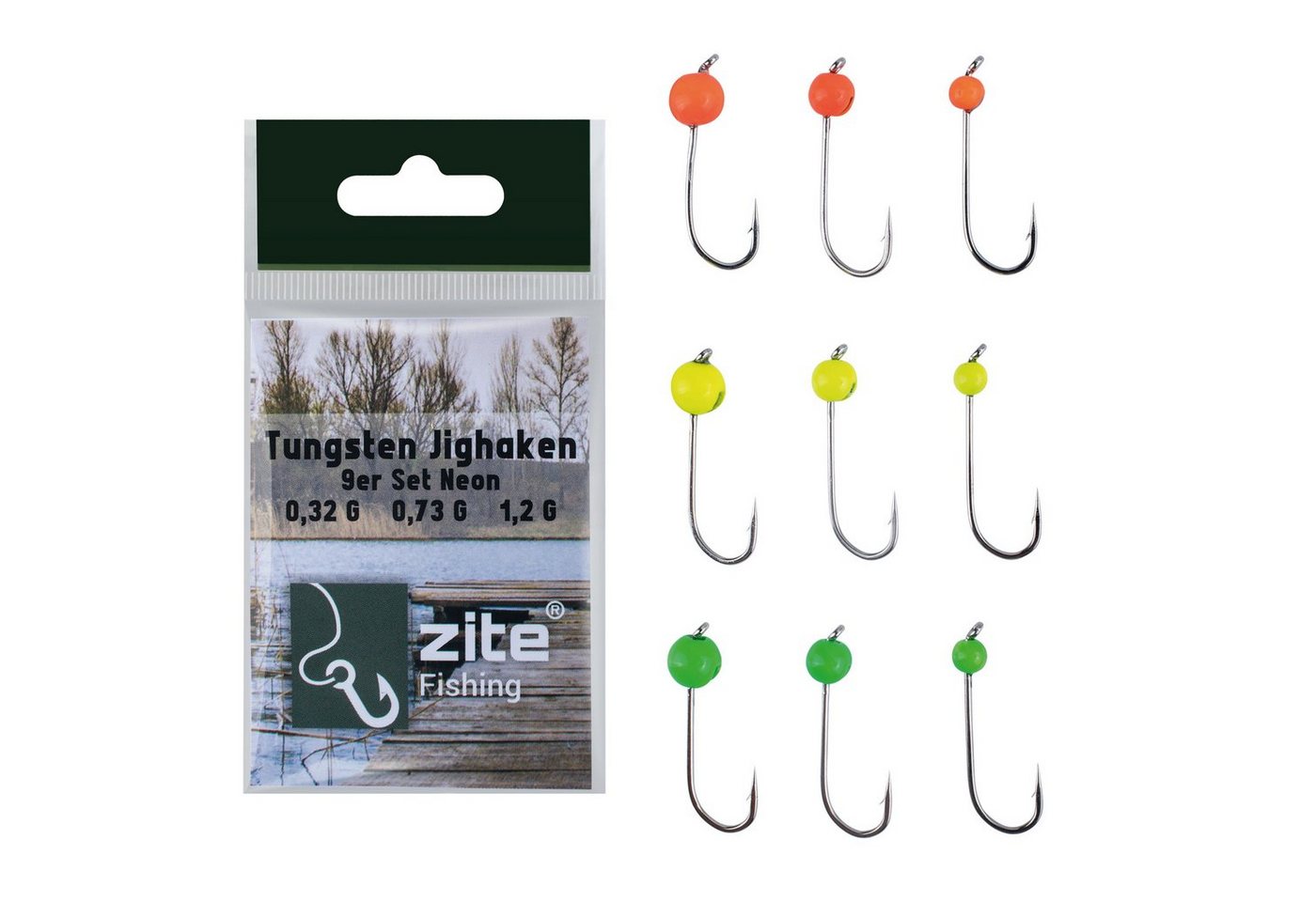 Zite Jighaken Set Neon - Tungstenperlen am Forellenhaken - 9 STK 0,3g-1,2g von Zite