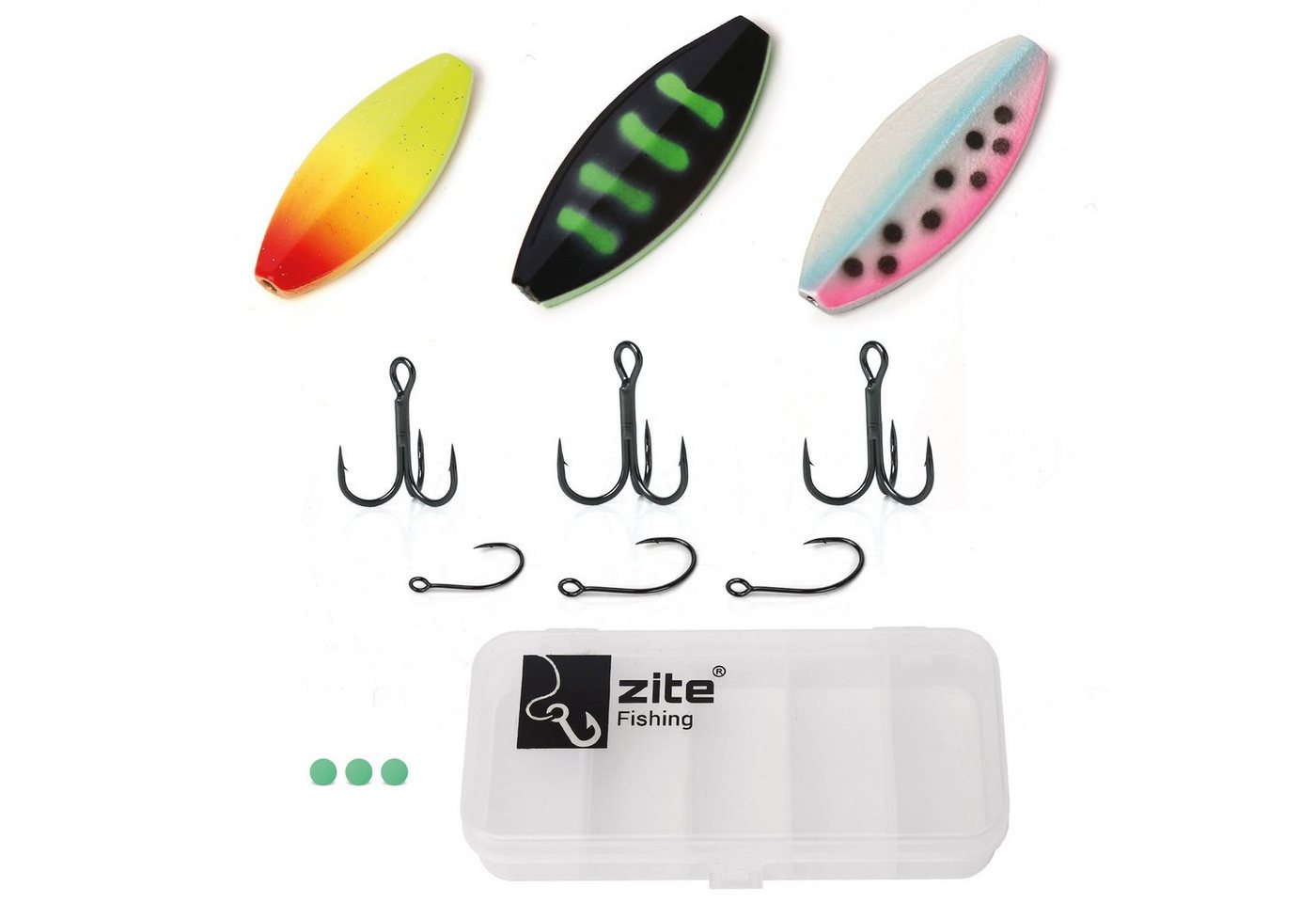 Zite Kunstköder Inline-Spoon Set für Angler 13tlg Durchlaufblinker 3-3,5g in Köderbox von Zite