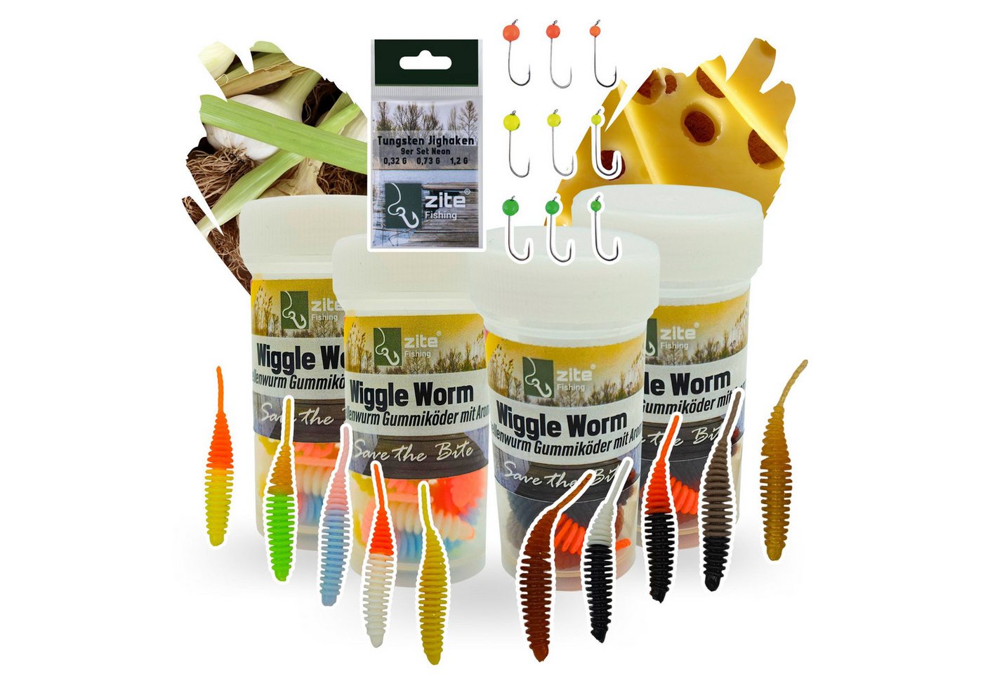 Zite Kunstköder Wiggle Worm Set - Forellenköder + 9 Tungsten Jigheads - 2 Aromen Zite Kunstköder Wiggle Worm Set - Forellenköder + 9 Tungsten Jigheads - 2 Aromen von Zite
