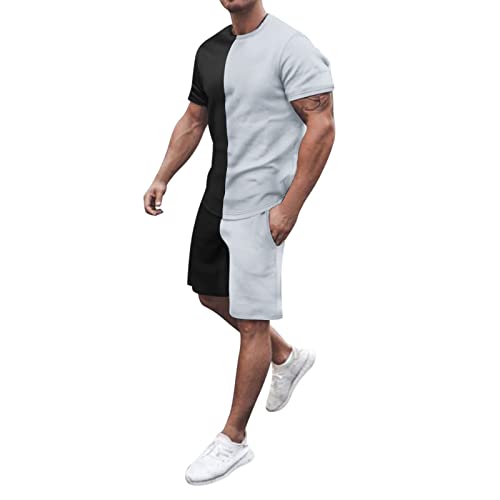 Männer Colour Blocking Set Traininganzug Herren Baggy Sportanzug Zweiteiler Atmungsaktiv Lässig Sportanzug Trainingsanzug Freizeitanzug 3D Bedrucktes Rundhals Oberteile Shorts von Znifnisy