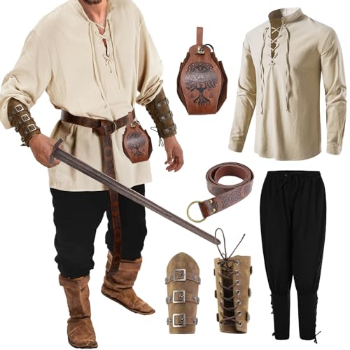 Znifnisy Herren Set Wikinger Herren Renaissance Kostüm Set mit Leinenhemd Mittelalterliches Piratenhemd Mittelalter Hose mit Gürtel, Handgelenkschützer Zubehör von Znifnisy