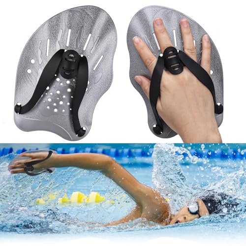 Zocipro 1 Paar Hand Paddles Schwimmen, Handpaddel zum Schwimmen, Schwimmpaddel mit verstellbaren Riemen ,Krafttrainingshilfe, Pool-Trainingsgerät, Zubehör für Erwachsene, Kinder, Unisex,Silber von Zocipro