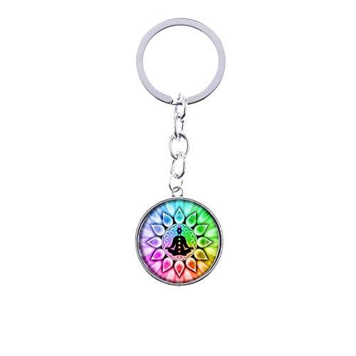 Schlüsselanhänger mit Kreis, Chakra-Heilung, Meditation, Buddha, Balance, Yoga, mit Regenbogen-Details und Silberkette von Zodiark Jewellery