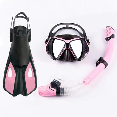 Schnorchelset mit Flossen, Schnorchelausrüstung in Reisegröße mit Schwimmflossen, Hochwertige Tauchermaske für Kinder Erwachsene-Pink-A||S/M von Zolito