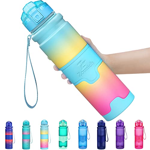 Zounich Trinkflasche 1L BPA frei Auslaufsicher 500ml Wasserflasche Kunststoff Sporttrinkflaschen für Kinder Schule, trinkflaschen Filter Liter kohlensäure geeignet 500ml Blau/Gelb/Rosa Farbverlauf von Zounich