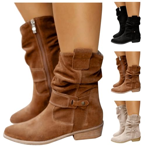 Stiefeletten Damen Elegant Wildleder Cowboystiefel Beige Braun Damen Schuhe Wildleder Halbstiefel Schlupfschuhe Stiefel Kurzstiefel Winterstiefel Halbhohe Bequemer Absatz Ankle Boots Westernstiefel von Zshosam