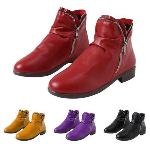 Stiefeletten Damen Retro Leder Winterstiefel Damenstiefel mit Absatz Ankle Boots Damen Kurzstiefel Schnürstiefeletten mit Reißverschluss Worker Boot Damen Schlupfschuhe Stiefel Damen Westernstiefel von Zshosam