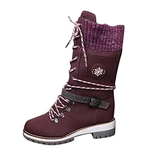 Zshosam Winterstiefel Damen Gefüttert, Schneestiefel für Damen Warm Gefütterte rutschfest Wasserdichtes Knie-Schneestiefel Damen Winterstiefel Halbschaft Schnürstiefe Outdoor-Stiefel (A3 Purple, 42) von Zshosam