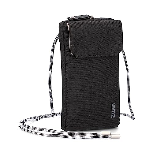 Zwei Handytasche zum Umhängen Olli OP30 Smartphone-Etui 19 x 11 cm, Kleingeldfach + 4 Kartensteckfächer, umlaufender Reißverschluss, längenverstellbarer Riemen, Robustes Material (schwarz) von Zwei