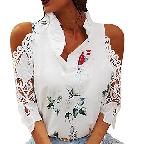 Zzbeans Damen Oberteile Sommer Tshirt Damen V Ausschnitt Mode 3/4 Ärmel Spitze Schulterfrei Oberteil Damen Sexy Casual T-Shirt Lose Bluse Tops Hemd Oberteile Elegant von Zzbeans