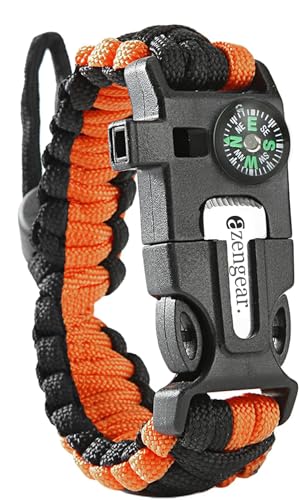 aZengear Paracord Überlebensarmband | Feueranzünder aus Feuerstein und Stahl, Pfeife und Kompass | verstellbare Bandgröße für Camping, Bushcraft und Notfallausrüstung (Orange) von aZengear