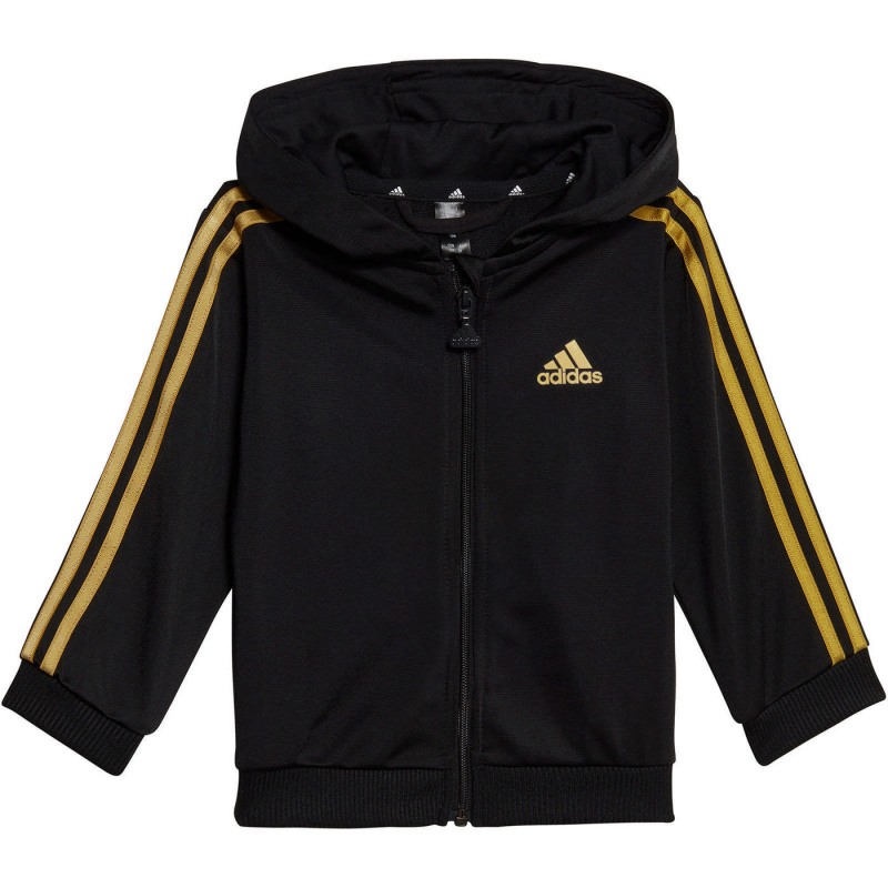 adidas Essentials Shiny Baby-Trainingsanzug mit Kapuze HR5874 - black/gold met. 80 von adidas Sportswear