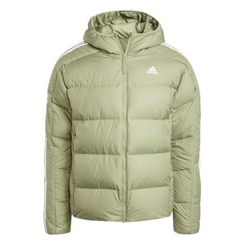 adidas Herren Essentials Midweight Down Hooded Stripes Jacket, TENT GREEN F16, M adidas Herren Essentials Midweight Down Hooded Stripes Jacket, TENT GREEN F16, M von adidas
