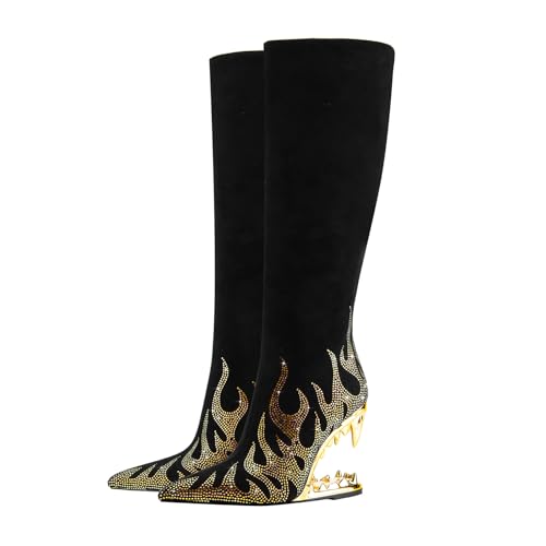 aixizi Glitzernde Lange Stiefel mit Strasssteinen für Damen, Kniehohe Stiefel mit Flammen Haifischzahn Absatz, Glitzerstiefel mit Tigerzahn Absatz,Gold,39 von aixizi