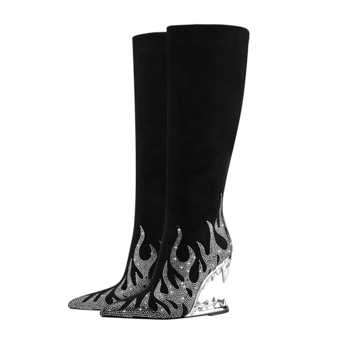 aixizi Glitzernde Lange Stiefel mit Strasssteinen für Damen, Kniehohe Stiefel mit Flammen Haifischzahn Absatz, Glitzerstiefel mit Tigerzahn Absatz,Silber,35 von aixizi