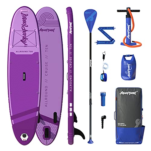 AQUAPLANET Inflatable Stand Up Paddle Board Kit - All Round Ten, Purple | 10 Foot | Ideal for SUP Beginners & Experts | Includes Fin, Paddle, Pump, Repair Kit, Backpack, Leash, Dry Bag, Carry Strap von aquaplanet