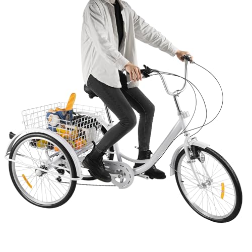 awolsrgiop 24 Zoll Erwachsene Dreirad, 3-Räder Dreirad für Erwachsene Weiß Fahrrad Tricycle Bike mit Korb und Lampe, 6 Gang Verstellbar Erwachsene Dreirad für Einkaufen, Outdoor-Sport, Picknick von awolsrgiop