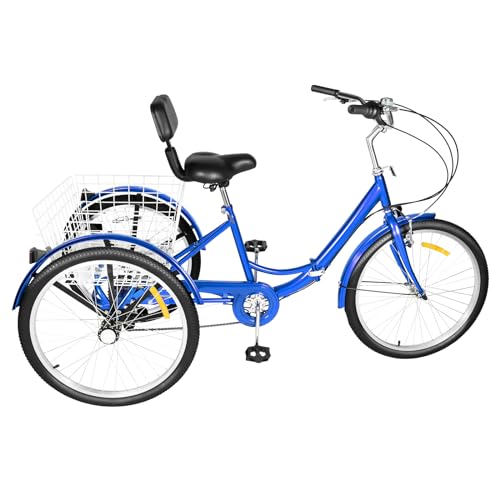 awolsrgiop Dreirad für Erwachsene, 24 Zoll 7 Gang Dreirad Erwachsene Adult Fahrrad Erwachsenendreirad für Erwachsene, Senioren und Fahranfänger, 3-Rad-Fahrrad mit Einkaufskorb (Blau) von awolsrgiop