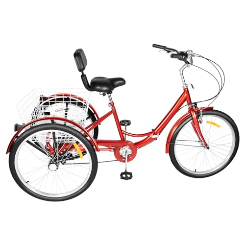 awolsrgiop Dreirad für Erwachsene, 24 Zoll 7 Gang Dreirad Erwachsene Adult Fahrrad Erwachsenendreirad für Erwachsene, Senioren und Fahranfänger, 3-Rad-Fahrrad mit Einkaufskorb (Rot) von awolsrgiop