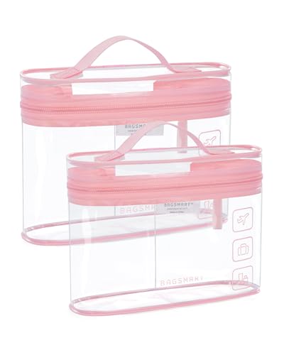 BAGSMART TSA-zugelassener Kulturbeutel, 2er-Pack transparenter Make-up-Kosmetikbeutel-Organizer, Reisetasche in Quart-Größe für Toilettenartikel, Reisezubehör fürs Handgepäck, Rosa, 2 Stück von bagsmart