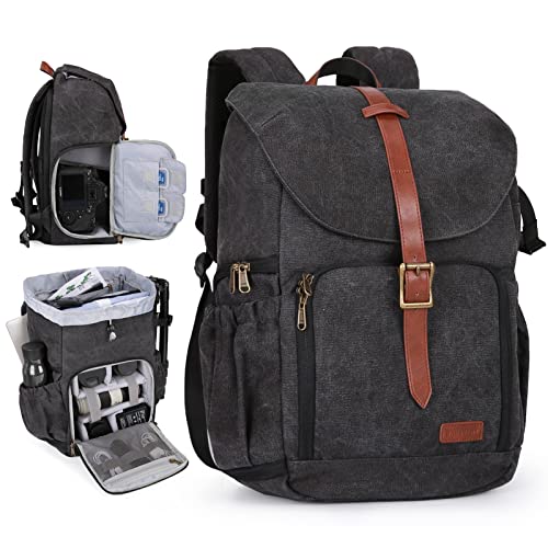 bagsmart Fotorucksack DSLR Kamerarucksack Canvas Diebstahlsicher Wasserabweisend mit Regenschutz für 15 Zoll Laptop, Spiegelreflexkamera, Objektive, Zubehör, Stativ, Schwarz von bagsmart