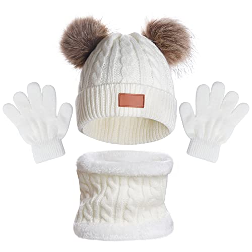 baotongle Kinder Wintermütze Schal Doppel Pompon Strickmützen Herbst Winter Mütze Loop Schal Set Mädchen Wintermütze Beanie Set für Kinder von baotongle