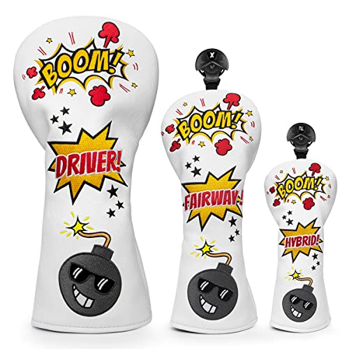 Funny Bomb Golf Driver Cover Fairway Wood Cover Hybrid Covers Headcovers Set, White Leather Golf Club Covers for Driver and Woods for Men/Women Golfer von barudan golf