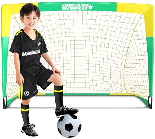 BAYINBULAK Faltbar Fußballtore mit Glasfaserstangen für Kinder, hochwertigen Tornetzen für Indoor, Outdoor & Garten (3'x2.2', Gelb+Grün) von bayinbulak