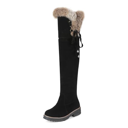 Damen-Stiefel aus Kunstfell, Flacher Absatz, runde Zehenpartie, klobiger Overknee-Stiefel mit niedrigem Absatz, Bequeme, warme Party-Abendschuhe für Herbst und Winter,Schwarz,38 von bbruriy