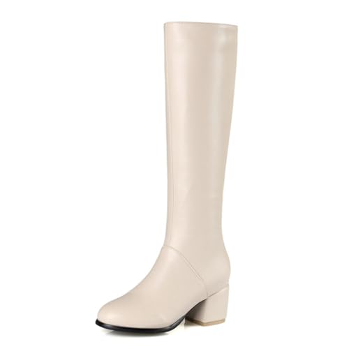 Kniehohe Stiefel aus PU-Leder für Damen, runde Zehenpartie, Blockabsatz, klobiger niedriger Absatz, modischer seitlicher Reißverschluss, hohe Stiefel, Bequeme Party- und,Beige,38 von bbruriy