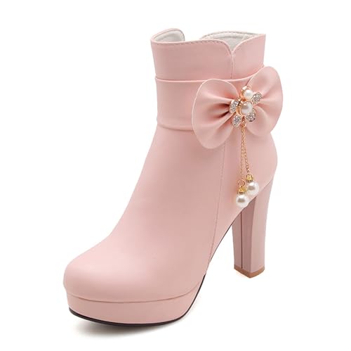 bbruriy Damen Stiefeletten aus PU-Leder mit runder Zehenpartie, Plateau, hohem Blockabsatz und Strass-Schleife, seitlichem Reißverschluss und Absatz, Stiefeletten für Herbst und Winter,Rosa,37 von bbruriy