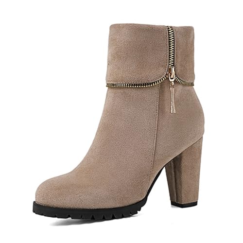 bbruriy Damen Stiefeletten aus Wildleder mit hohem Blockabsatz, seitlichem Reißverschluss, elastischem Herbstabsatz, runder Zehenbereich, Blockabsatz, Kleid, Herbst-/Winterschuhe,Beige,36 von bbruriy