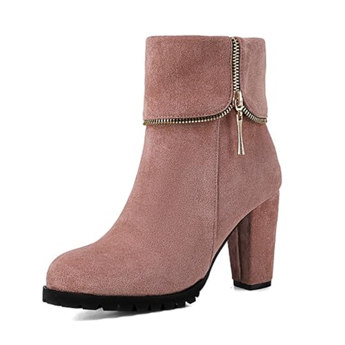 bbruriy Damen Stiefeletten aus Wildleder mit hohem Blockabsatz, seitlichem Reißverschluss, elastischem Herbstabsatz, runder Zehenbereich, Blockabsatz, Kleid, Herbst-/Winterschuhe,Rosa,44 von bbruriy