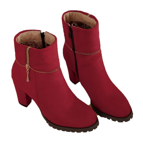 bbruriy Damen Stiefeletten aus Wildleder mit hohem Blockabsatz, seitlichem Reißverschluss, elastischem Herbstabsatz, runder Zehenbereich, Blockabsatz, Kleid, Herbst-/Winterschuhe,Rot,46 von bbruriy