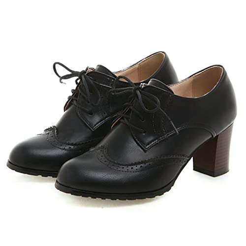 bbruriy Damen Vintage kleine Lederschuhe Lolita Schuhe Leder Classic Lace Up Chunky Mid Heel Round Toe Oxfords Dress Party Pump Schuhe,Schwarz,40 von bbruriy