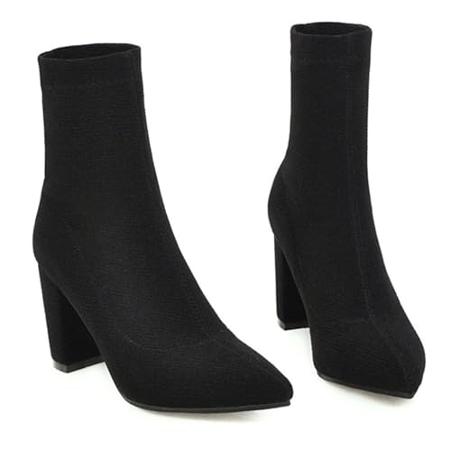 bbruriy Elastische Stiefeletten für Damen mit runder Zehenpartie, hohem Blockabsatz, Kurze Schlupfstiefel, Bequeme Herbst-Winter-Schuhe,Schwarz,36 von bbruriy