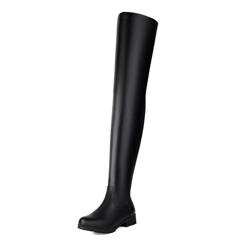 bbruriy Overknee-Stiefel für Damen mit Reißverschluss, runder Zehenpartie, niedriger Blockabsatz, Kunstleder, Stretch, Overknee-Stiefel zum Reiten, Herbst-/Winter-Abendschuhe,Schwarz,36 von bbruriy