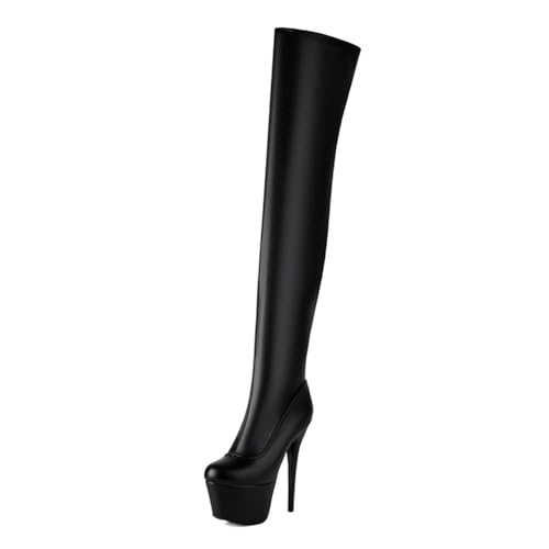 bbruriy Overknee-Stiletto-Stiefel aus PU-Leder mit Plateau-Oberschenkelhohen Stiefeln, runde Zehenpartie, seitlicher Reißverschluss, High Heel-Stiefel mit 6,1 Zoll Absatz,Schwarz,36 von bbruriy