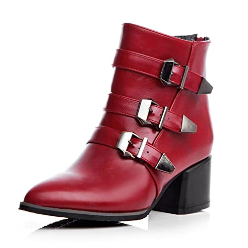bbruriy Sexy Damen-Stiefeletten mit niedrigem Absatz, spitzer Zehenpartie, Reißverschluss, klobiger Blockabsatz, Halbhohe Stiefel mit Gürtelschnallendekoration, große Größe 34-48,Rot,41 bbruriy Sexy Damen-Stiefeletten mit niedrigem Absatz, spitzer Zehenpartie, Reißverschluss, klobiger Blockabsatz, Halbhohe Stiefel mit Gürtelschnallendekoration, große Größe 34-48,Rot,41 von bbruriy