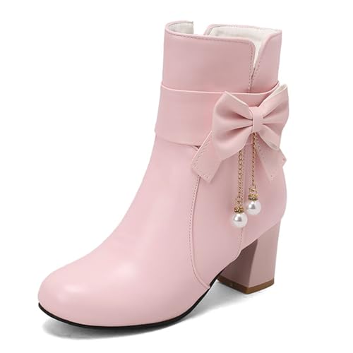 bbruriy Stiefeletten mit Schleife für Damen, runde Zehenpartie, hoher Blockabsatz, Stiefeletten aus PU-Leder, seitlicher Reißverschluss, Herbst-Winter-Abendschuhe,Rosa,34 von bbruriy