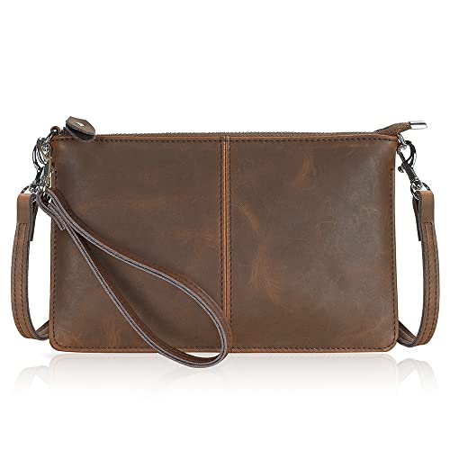 befen Damen Umhängetasche, Echt Leder Handtasche Damen Klein mit Reißverschluss und Schultergurt Damen Portemonnaie für Geld Karten Handy, Handtasche Damen Klein mit Handgelenkschlaufe, Retrobraun von befen