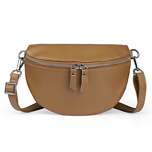 befen Kleine Umhängetasche Damen, Echtleder Gürteltasche Damen mit Verstellbarem Schultergurt und Reißverschluss Bauchtasche Damen Stylisch für Handy Schlüssel Kleiner Brieftaschen Lippenstift, Braun von befen