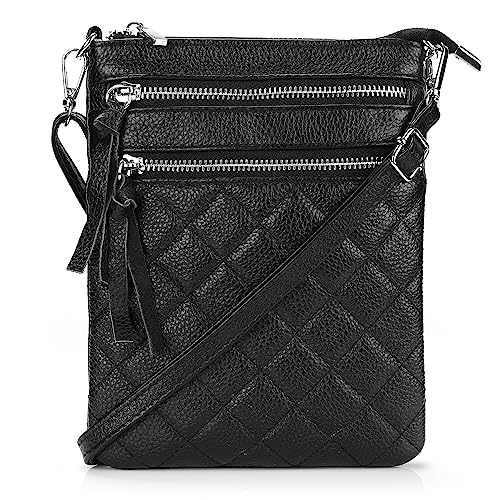 befen Kleine Umhängetasche aus echtem Leder für Damen, trendige Reise-Schulter-Handtasche mit mehreren Reißverschlusstaschen, Diamond Quilted Black, Small, Kleine Umhängetasche aus Leder von befen