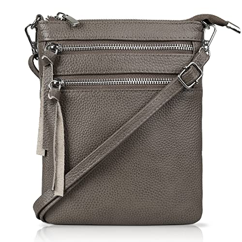 befen Kleine Umhängetasche aus echtem Leder für Damen, trendige Reise-Schulter-Handtasche mit mehreren Reißverschlusstaschen, Vintage Shadow Grey, Small, Kleine Umhängetasche aus Leder von befen